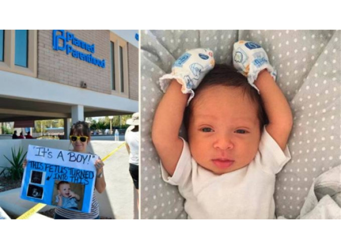 Il piccolo Edwin e Miriam che manifesta davanti al Planned Parenthood Il piccolo Edwin e Miriam che manifesta davanti al Planned Parenthood