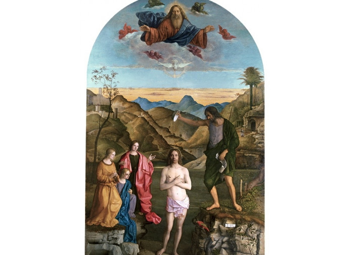 La pala d'altare di Giovanni Bellini con il Battesimo di Gesù La pala d'altare di Giovanni Bellini con il Battesimo di Gesù