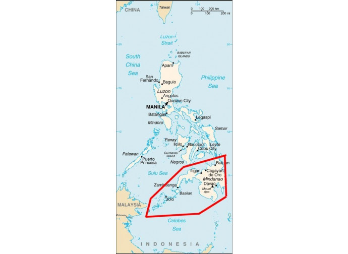 Filippine. In rosso: Mindanao Filippine. In rosso: Mindanao