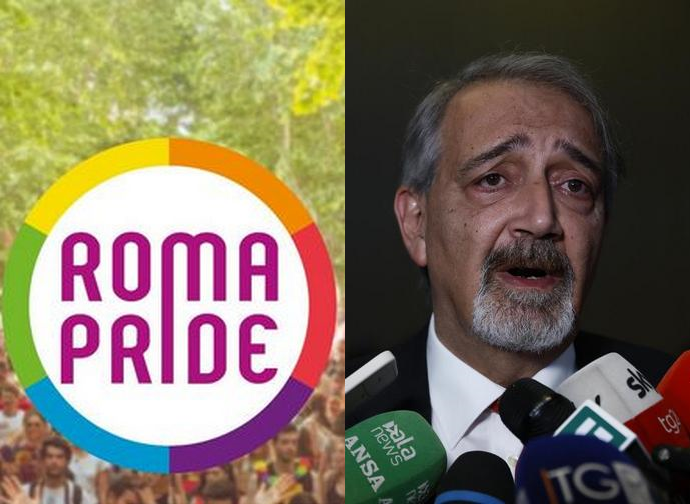 Logo Roma Pride 2023 + presidente Rocca, Regione Lazio (foto LP)