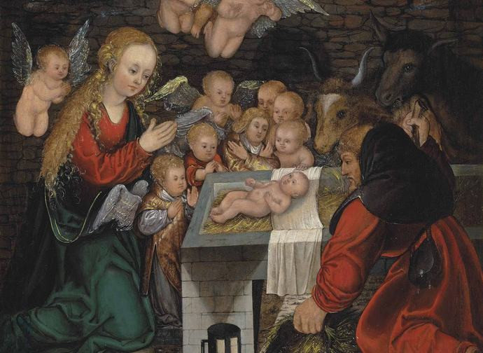 Lucas Cranach il vecchio e cerchia (1472-1553) La Sacra Famiglia con angeli - bambini e pastori (c.1500?)