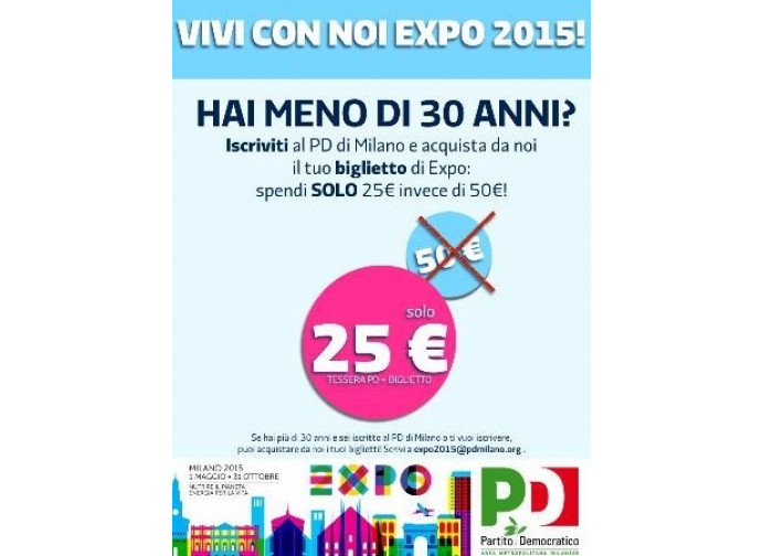 Il sito Pd con l'offerta biglietto dell'Expo più iscrizione al partito