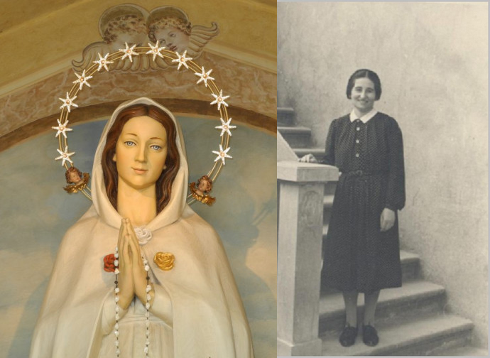 Statua di Rosa Mistica a Fontanelle di Montichiari (sx) - Pierina Gilli da giovane (dx)